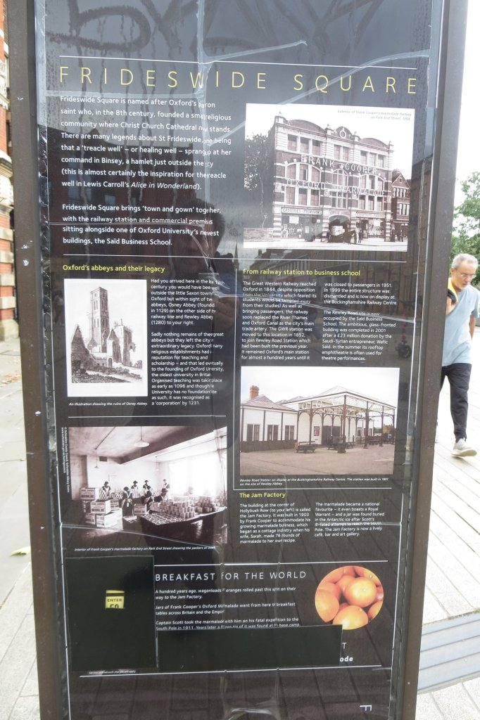 Information board about Frideswide Square, detailing its history and connection to Oxford's heritage, including images of local landmarks and historical events.
